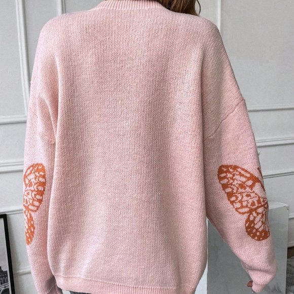 Pink Casual Womens Butterfly Pattern Drop Shoulder Sweater - Picture 2 of 5